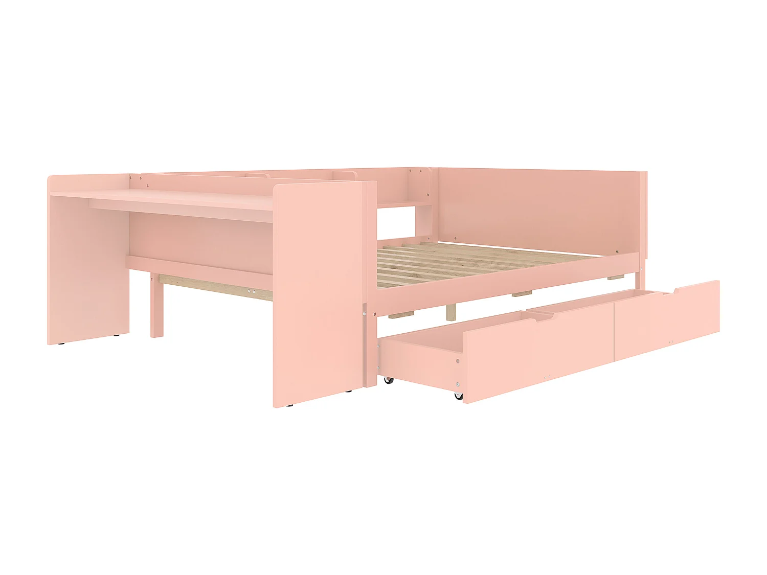 Lit simple enfant 140x200 cm - avec bureau - avec 2 tiroirs - avec étagères - bois massif - rose (sans matelas)