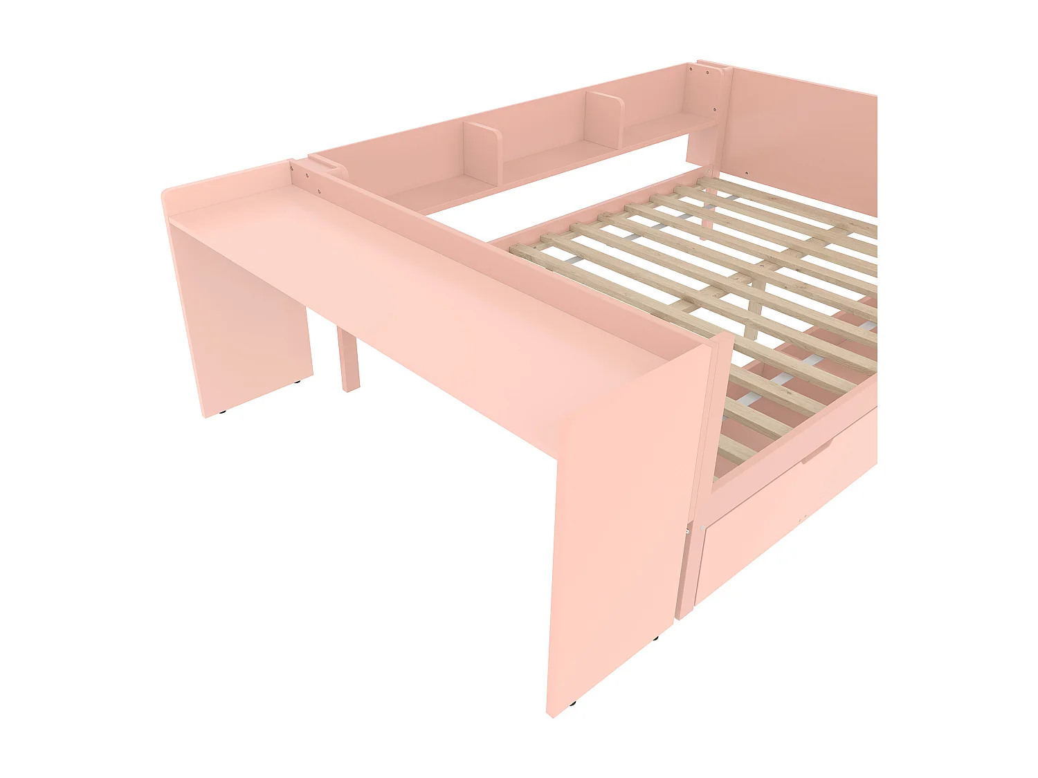 Lit simple enfant 140x200 cm - avec bureau - avec 2 tiroirs - avec étagères - bois massif - rose (sans matelas)
