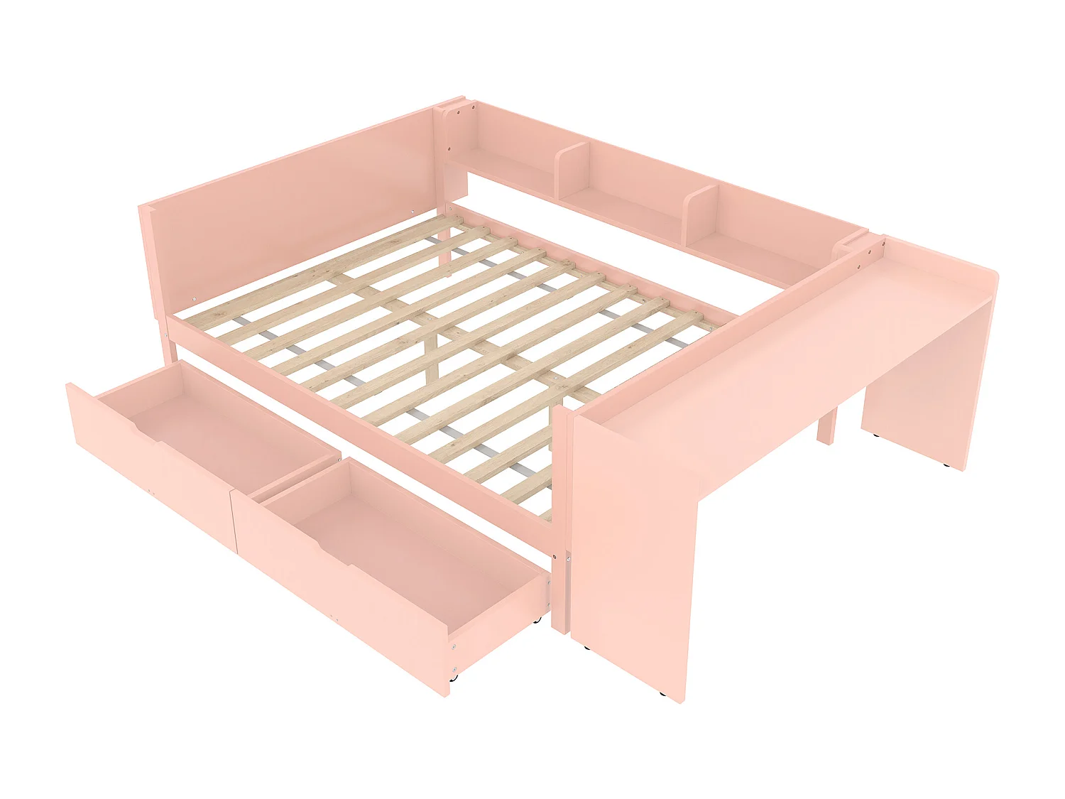 Lit simple enfant 140x200 cm - avec bureau - avec 2 tiroirs - avec étagères - bois massif - rose (sans matelas)