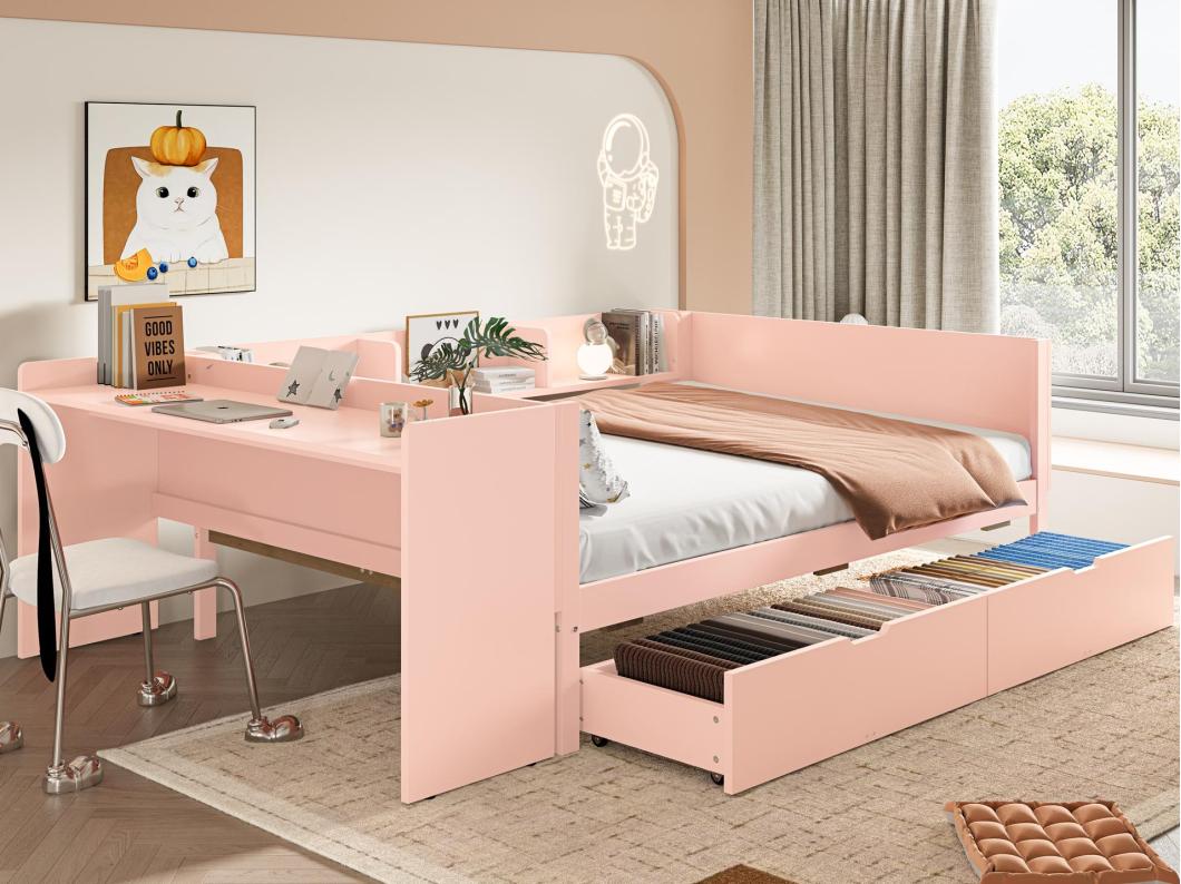 Eenpersoons kinderbed 140x200 cm - met bureau - met 2 lades - met planken - massief hout - roze (zonder matras)