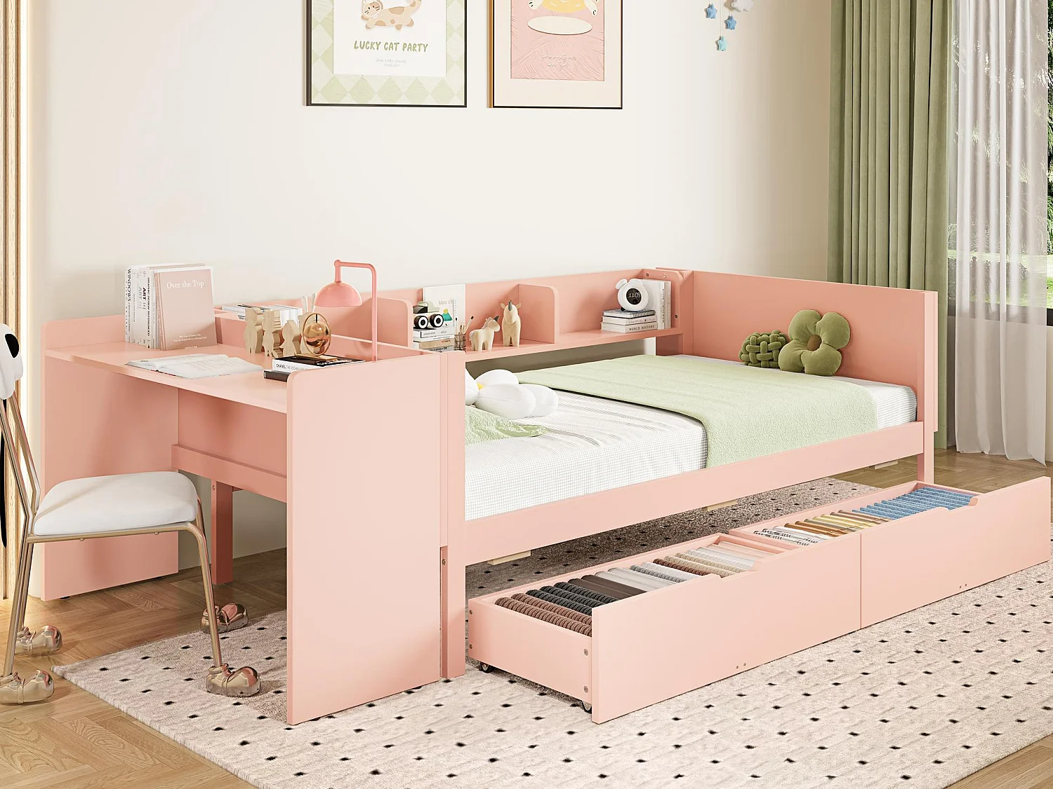 Einzelbett für Kinder 90x200 cm - mit Schreibtisch - mit 2 Schubladen - mit Regalen - Massivholz - Rosa (ohne Matratze)