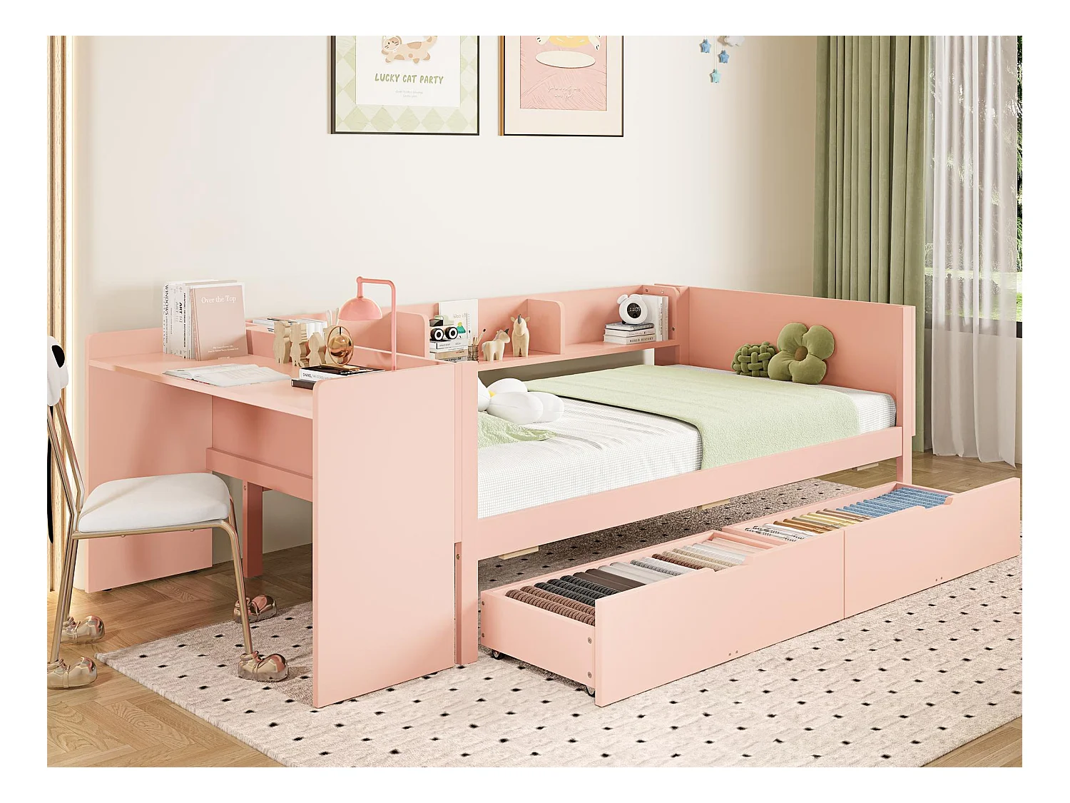 Einzelbett für Kinder 90x200 cm - mit Schreibtisch - mit 2 Schubladen - mit Regalen - Massivholz - Rosa (ohne Matratze)