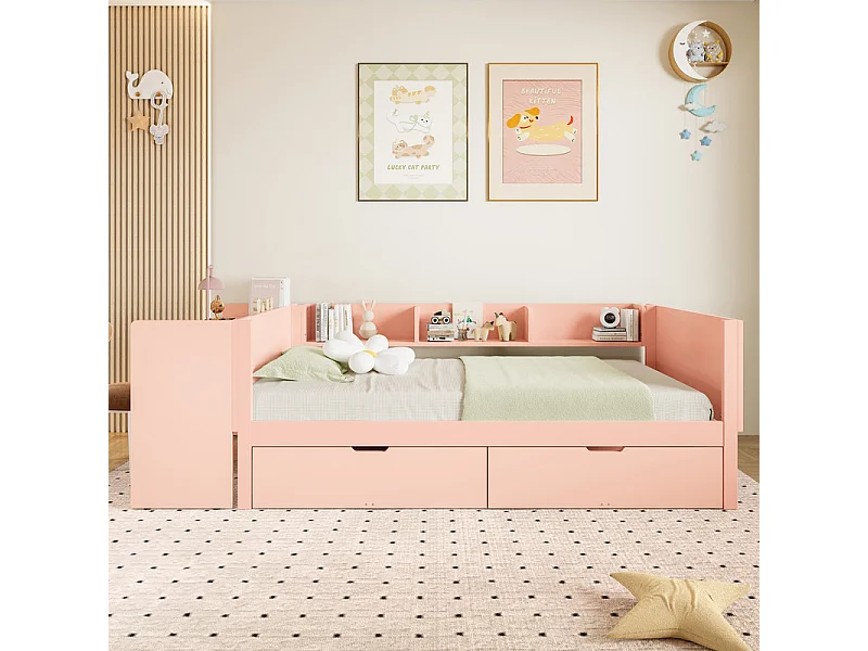 Lit simple enfant 90x200 cm - avec bureau - avec 2 tiroirs - avec étagères - bois massif - rose (sans matelas)