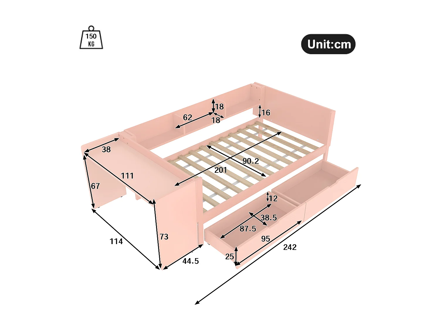 Lit simple enfant 90x200 cm - avec bureau - avec 2 tiroirs - avec étagères - bois massif - rose (sans matelas)