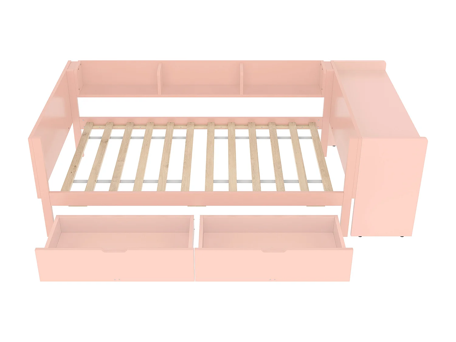 Lit simple enfant 90x200 cm - avec bureau - avec 2 tiroirs - avec étagères - bois massif - rose (sans matelas)