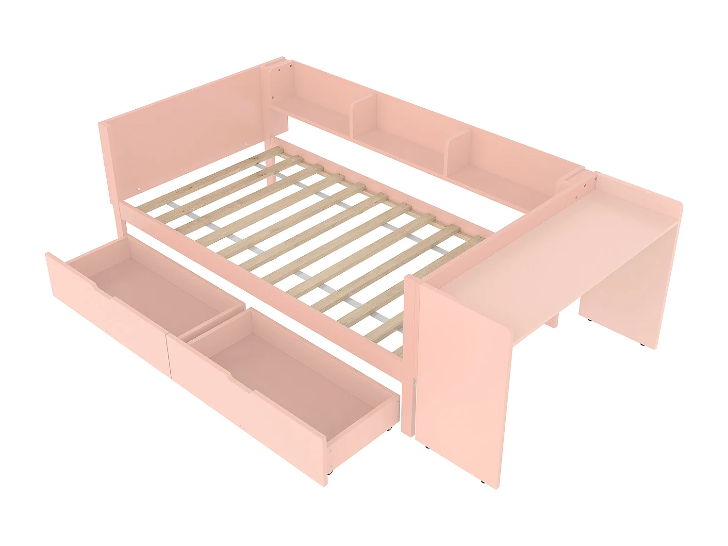 Lit simple enfant 90x200 cm - avec bureau - avec 2 tiroirs - avec étagères - bois massif - rose (sans matelas)