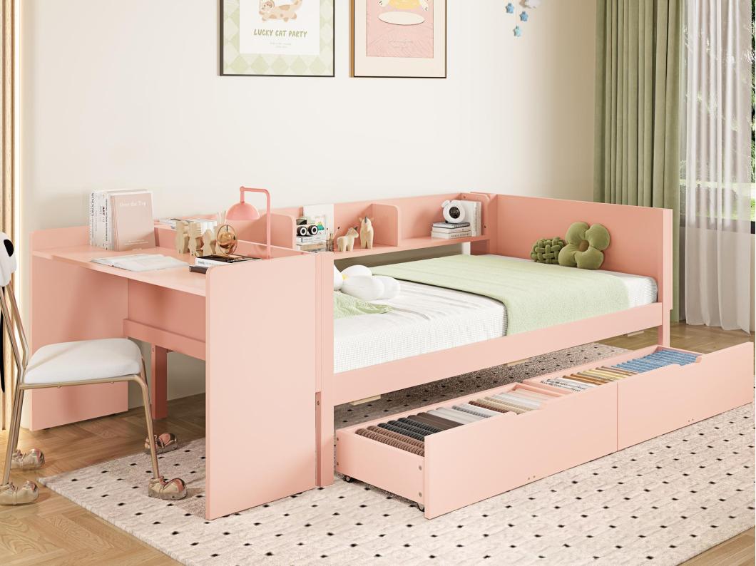 Letto singolo per bambini 90x200 cm - con scrivania - con 2 cassetti - con scaffali - legno massello - rosa (senza materasso)