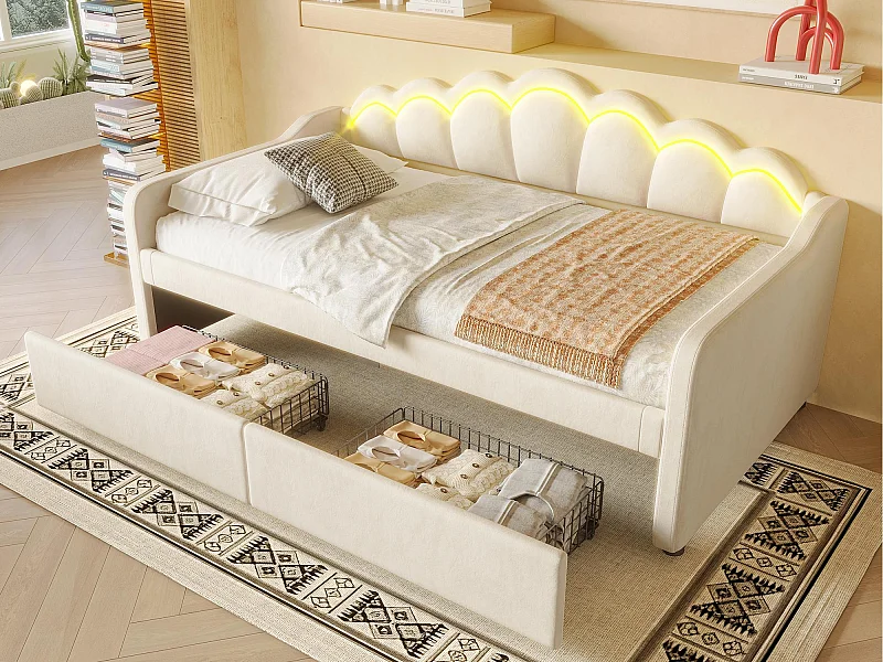 Canapé-lit 90x200 cm - avec éclairage LED - avec 2 tiroirs - velours - beige (sans matelas)