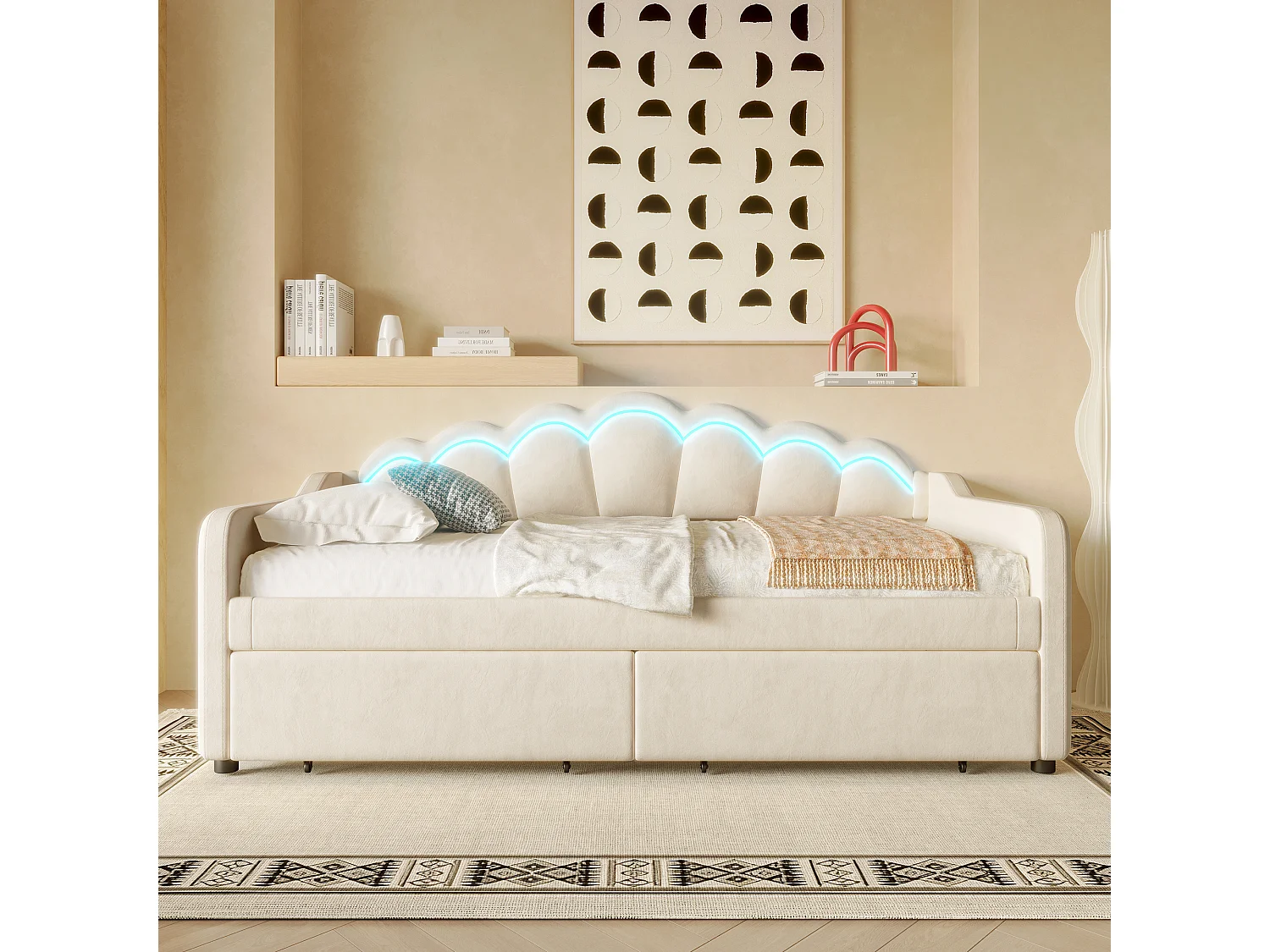 Kanapa z funkcją spania 90x200 cm - z oświetleniem LED - z 2 szufladami - welur - beżowa (bez materaca)