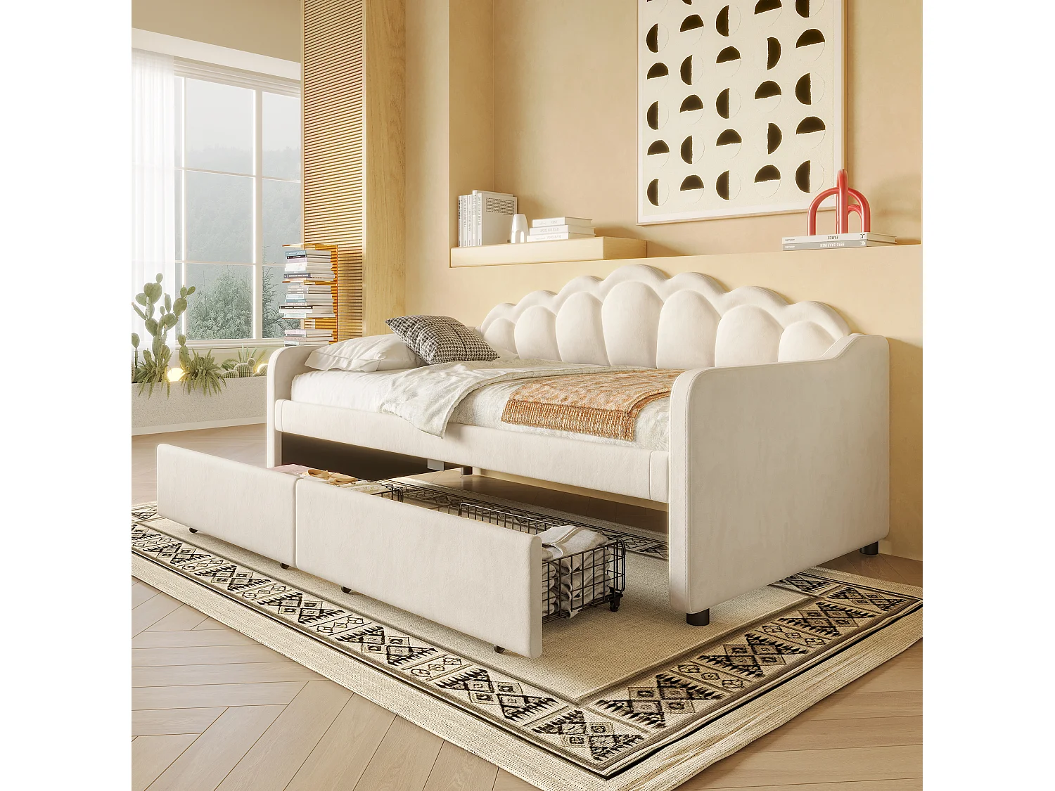 Kanapa z funkcją spania 90x200 cm - z oświetleniem LED - z 2 szufladami - welur - beżowa (bez materaca)