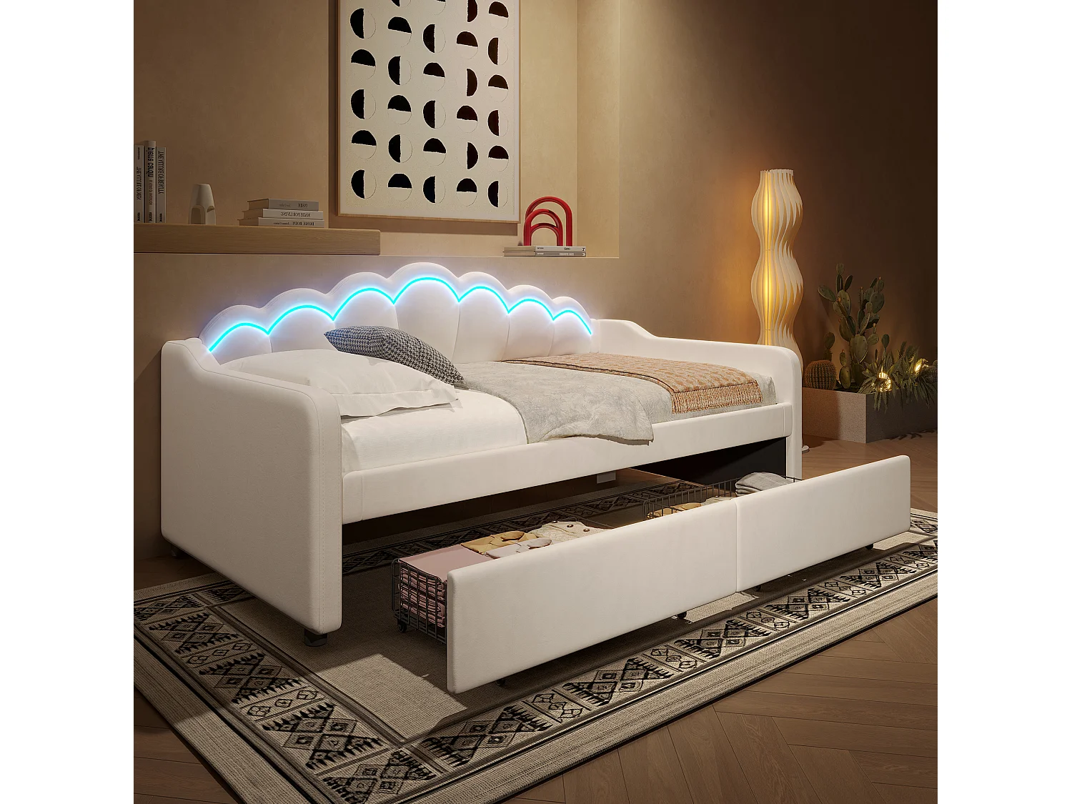 Kanapa z funkcją spania 90x200 cm - z oświetleniem LED - z 2 szufladami - welur - beżowa (bez materaca)