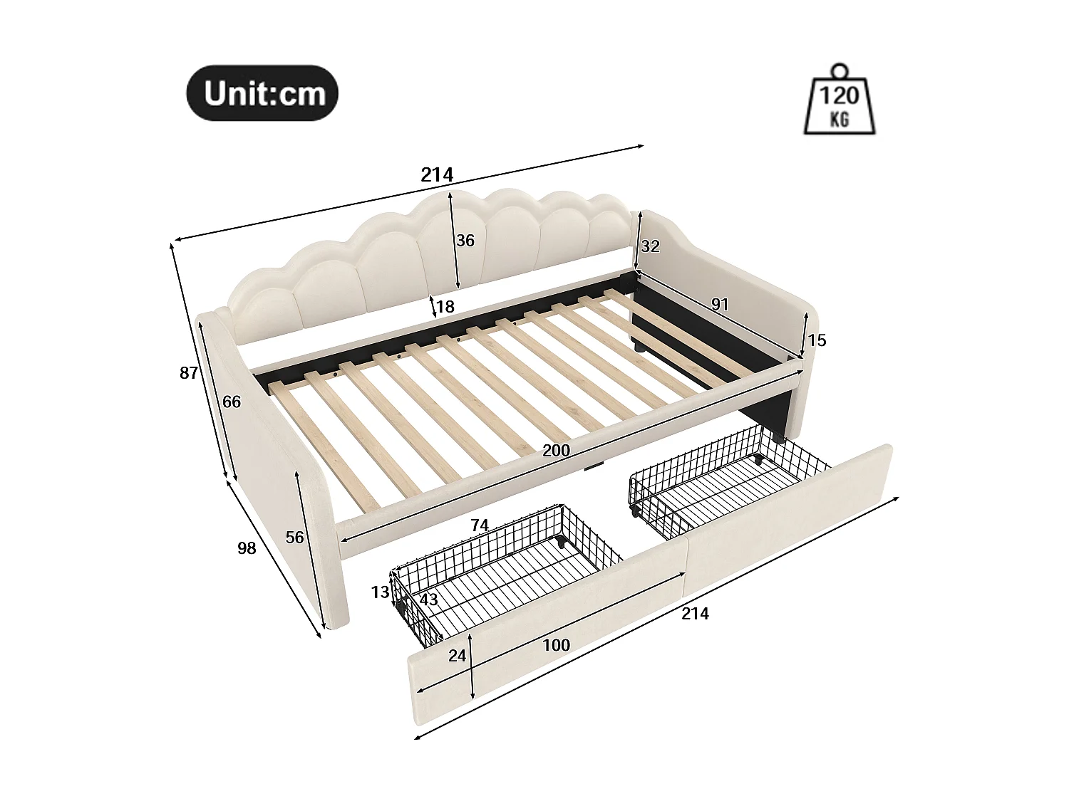 Kanapa z funkcją spania 90x200 cm - z oświetleniem LED - z 2 szufladami - welur - beżowa (bez materaca)