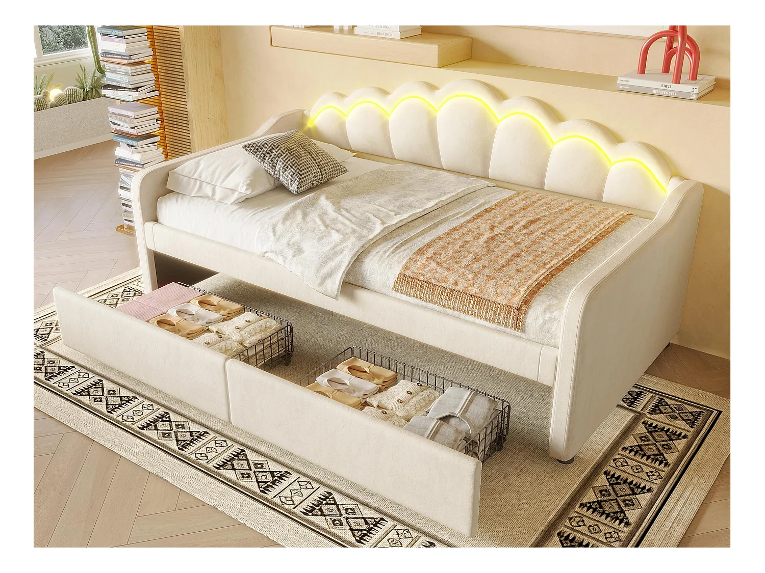 Canapé-lit 90x200 cm - avec éclairage LED - avec 2 tiroirs - velours - beige (sans matelas)