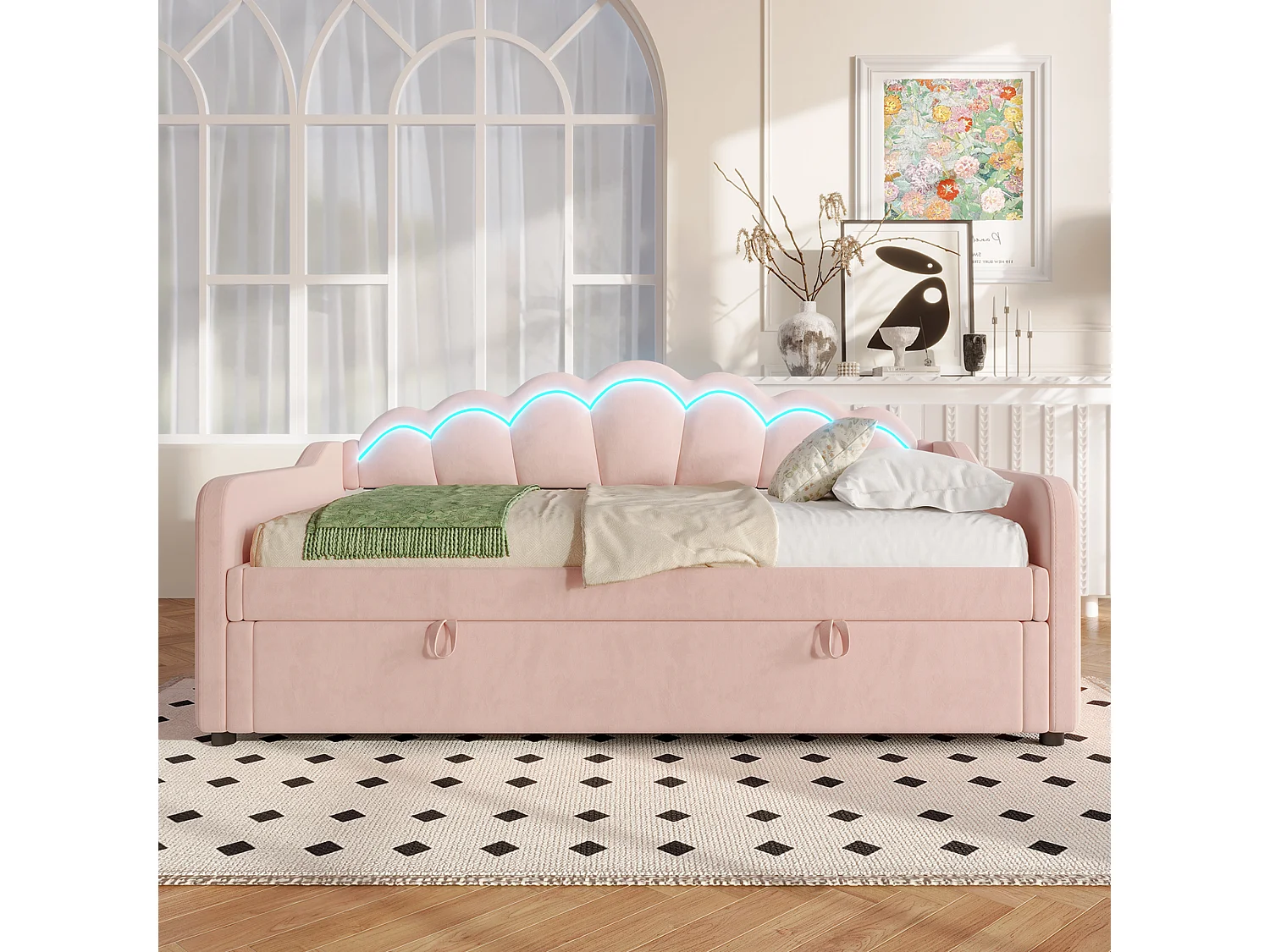 Divano letto con contenitore 90x200 cm - Luci LED a cambiamento colore - Velluto - Rosa (senza materasso)