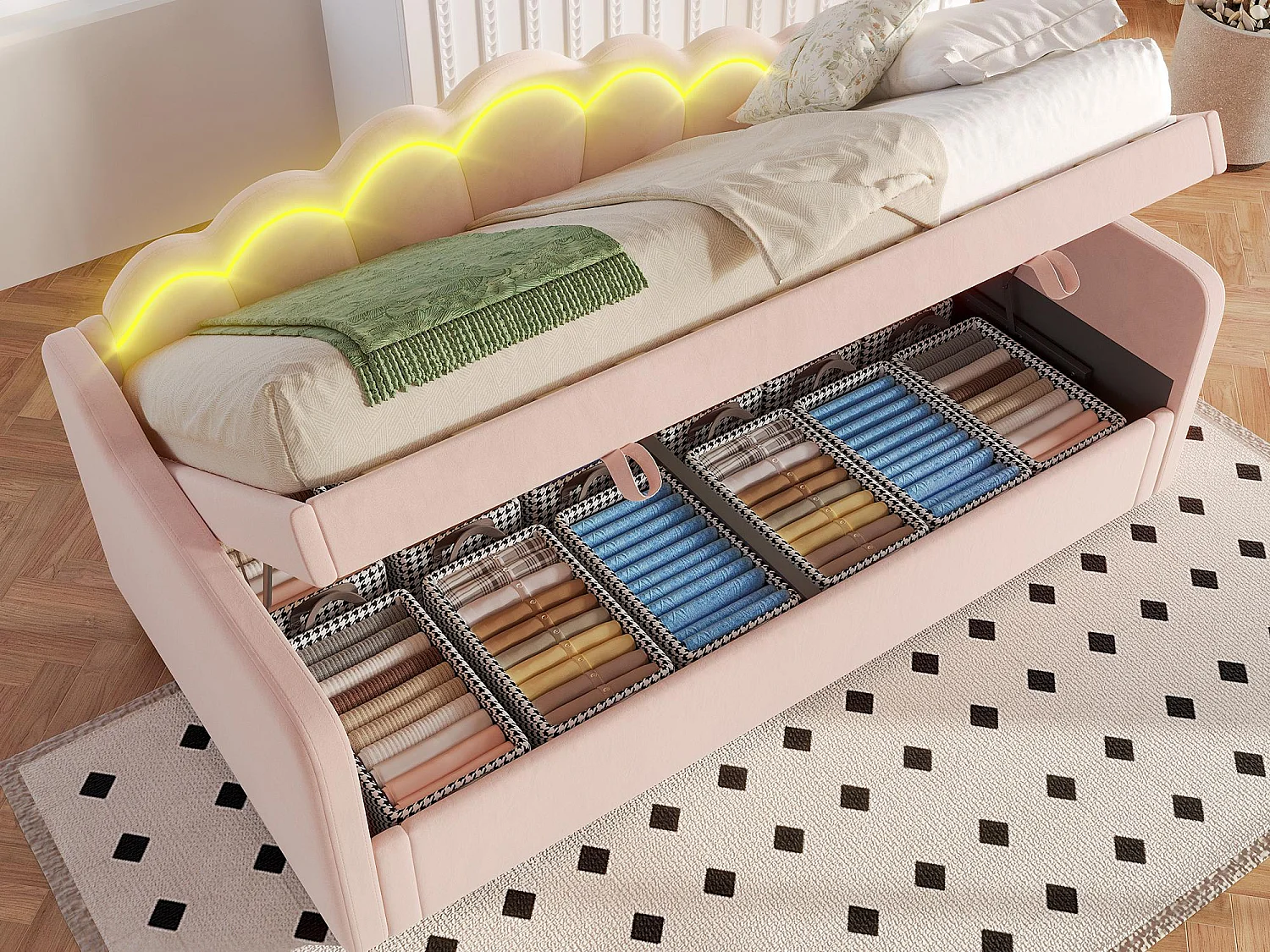 Canapé-lit coffre 90x200cm - Lumière LED changeante de couleur - Velours - rose (sans matelas)