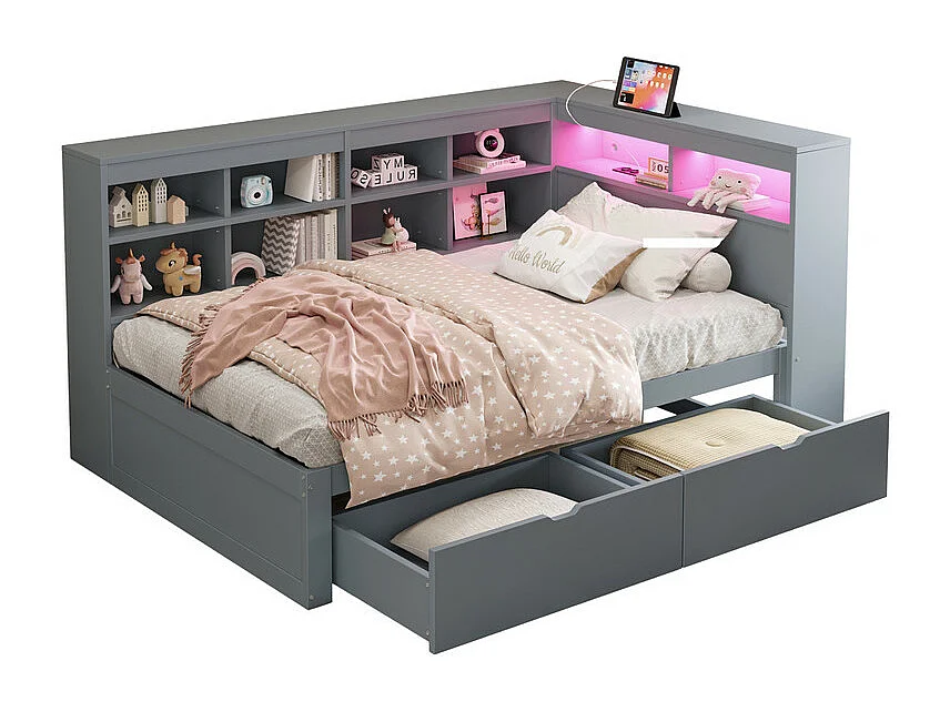 Slaapbank van massief hout 90 x 200 cm - met opbergruimte - met USB - met LED-verlichting + met stopcontact - grijs (zonder matras)