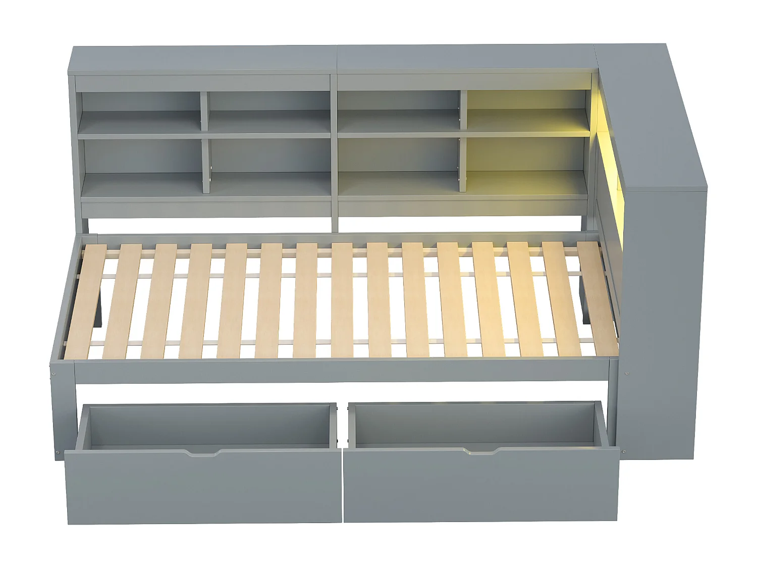 Slaapbank van massief hout 90 x 200 cm - met opbergruimte - met USB - met LED-verlichting + met stopcontact - grijs (zonder matras)