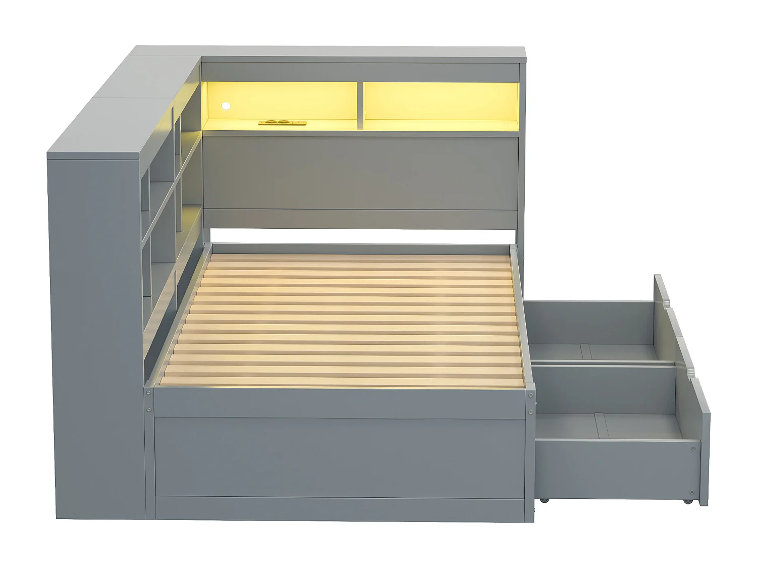 Slaapbank van massief hout 90 x 200 cm - met opbergruimte - met USB - met LED-verlichting + met stopcontact - grijs (zonder matras)