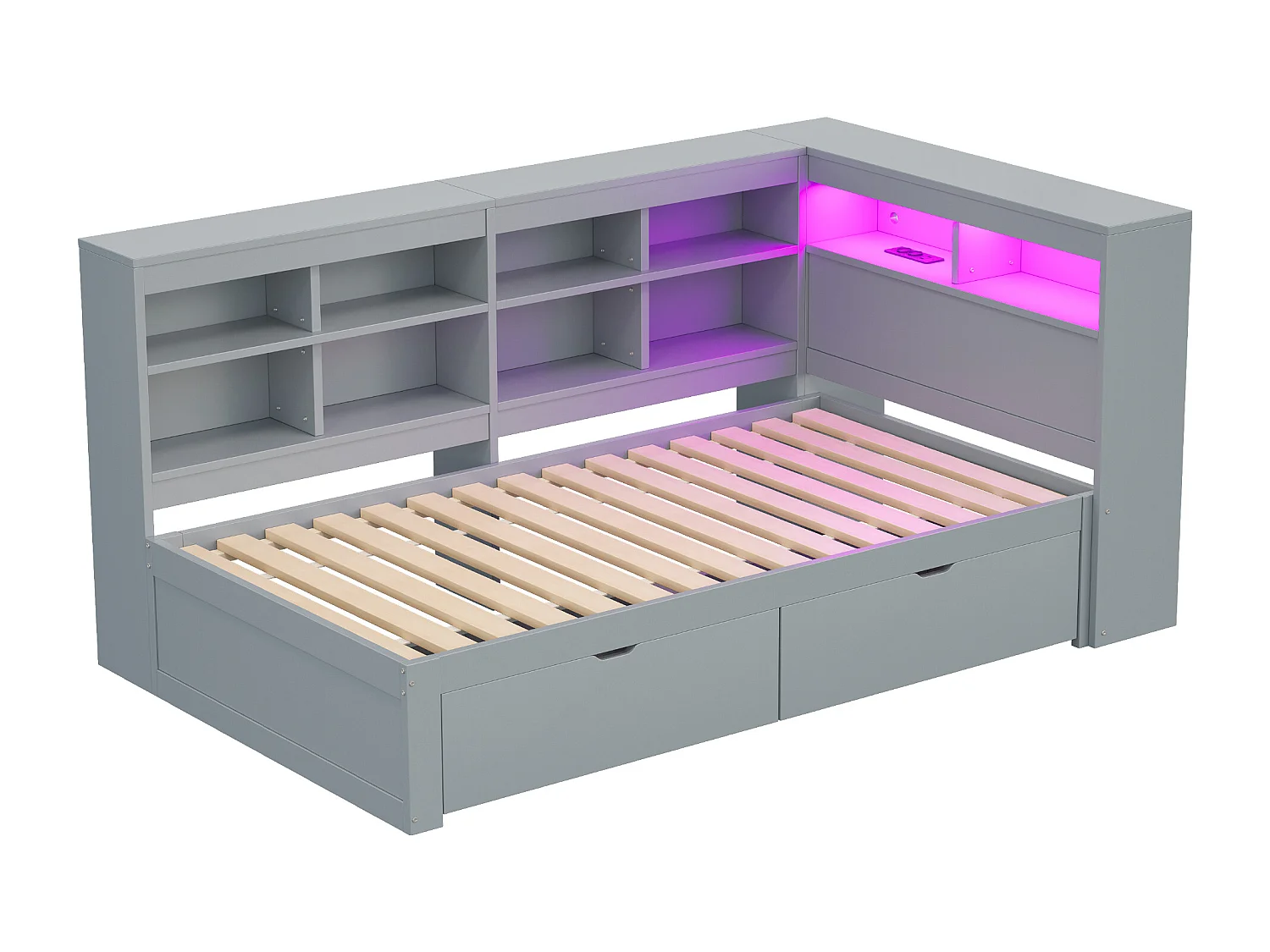 Slaapbank van massief hout 90 x 200 cm - met opbergruimte - met USB - met LED-verlichting + met stopcontact - grijs (zonder matras)