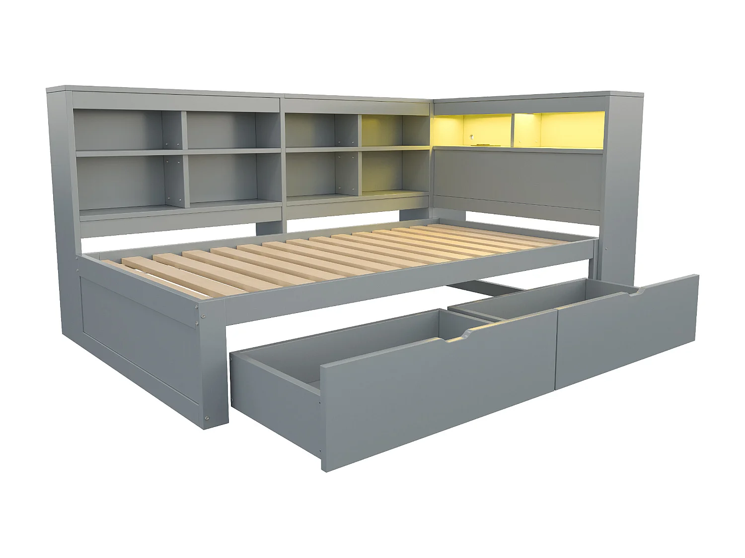 Divano letto in legno massello 90 x 200 cm - con vano di stoccaggio - con USB - con illuminazione LED + con presa di corrente - grigio (senza materasso)