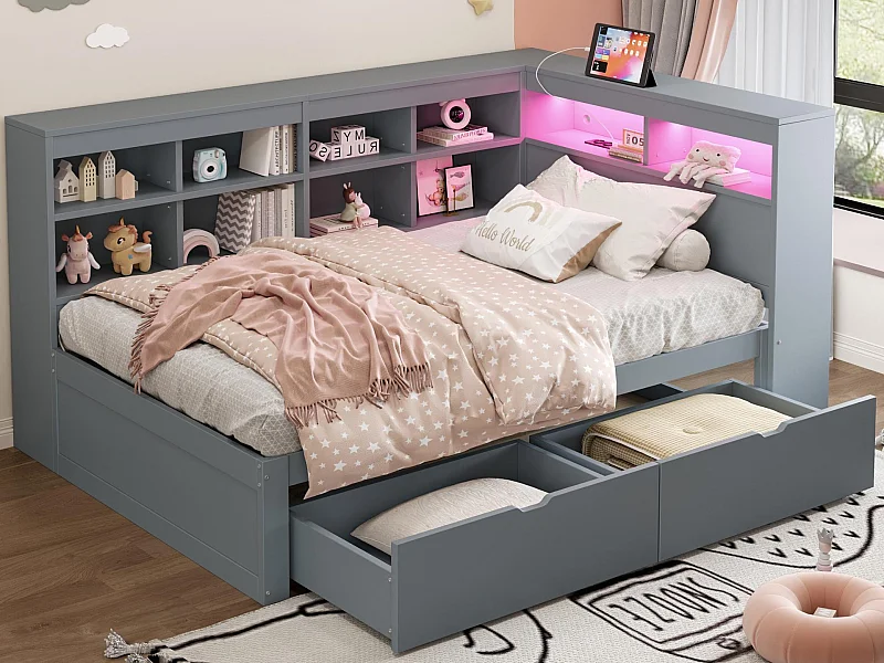 Canapé-lit en bois massif 90 x 200 cm - avec compartiment de rangement - avec USB - avec éclairage LED + avec prise de courant - gris (sans matelas)