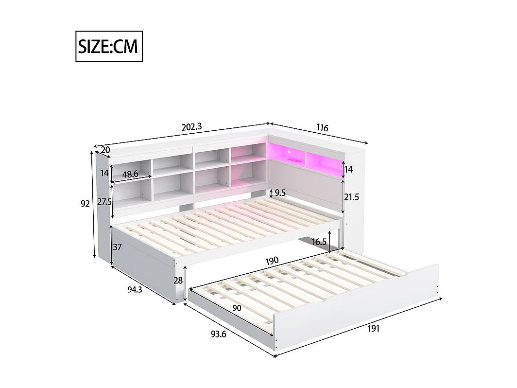 Sofá-cama em madeira maciça 90x200 cm - com cama ninho - com entrada USB + iluminação LED - com compartimento de armazenamento - branco (sem colchão)