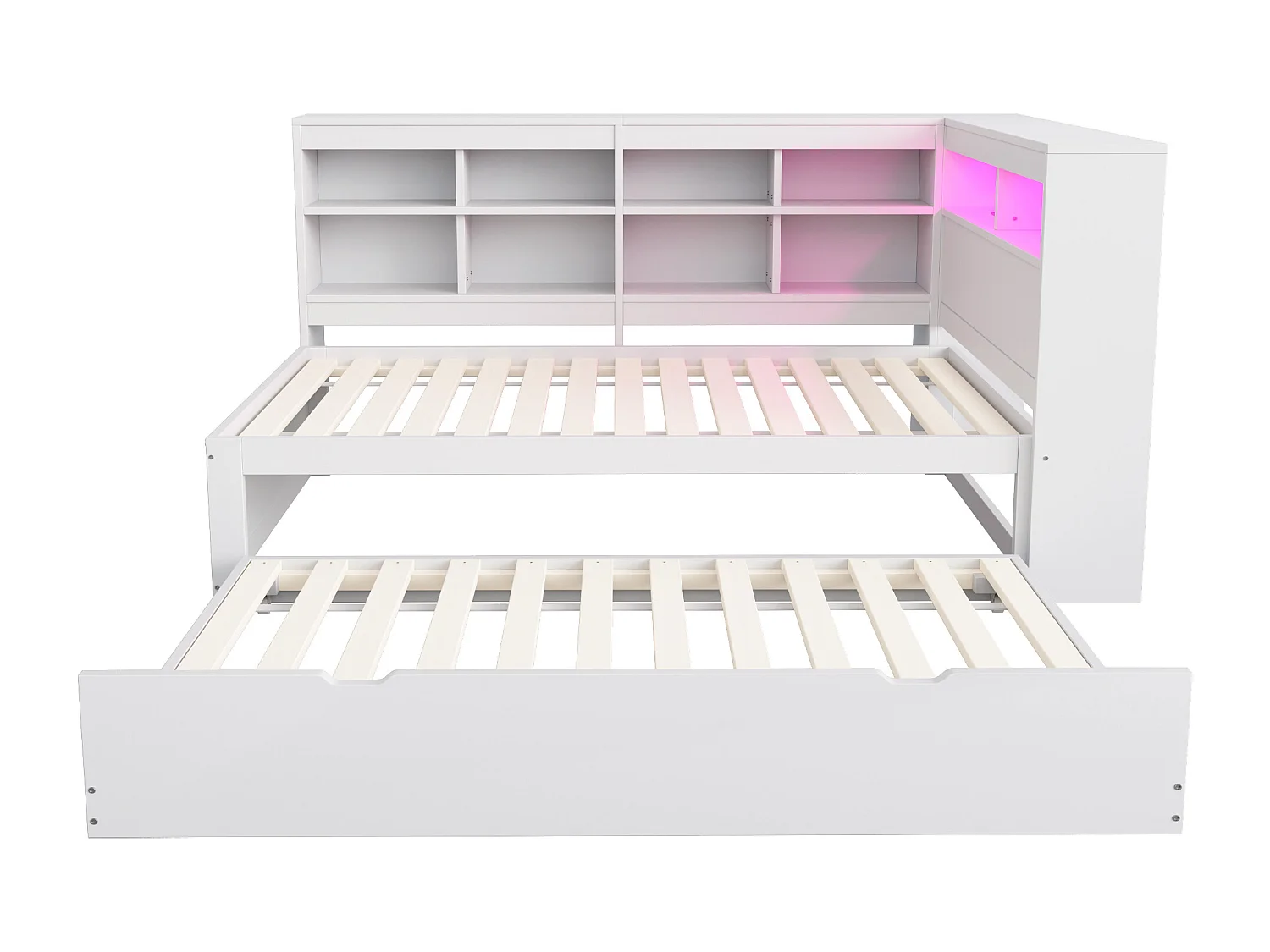 Sofá-cama em madeira maciça 90x200 cm - com cama ninho - com entrada USB + iluminação LED - com compartimento de armazenamento - branco (sem colchão)