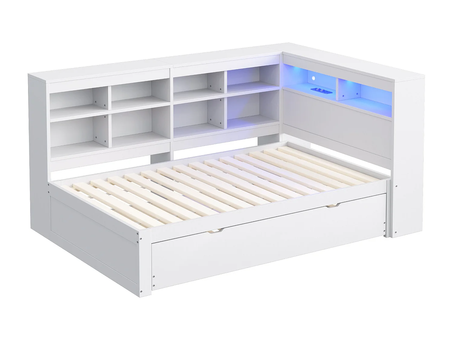 Sofá-cama em madeira maciça 90x200 cm - com cama ninho - com entrada USB + iluminação LED - com compartimento de armazenamento - branco (sem colchão)