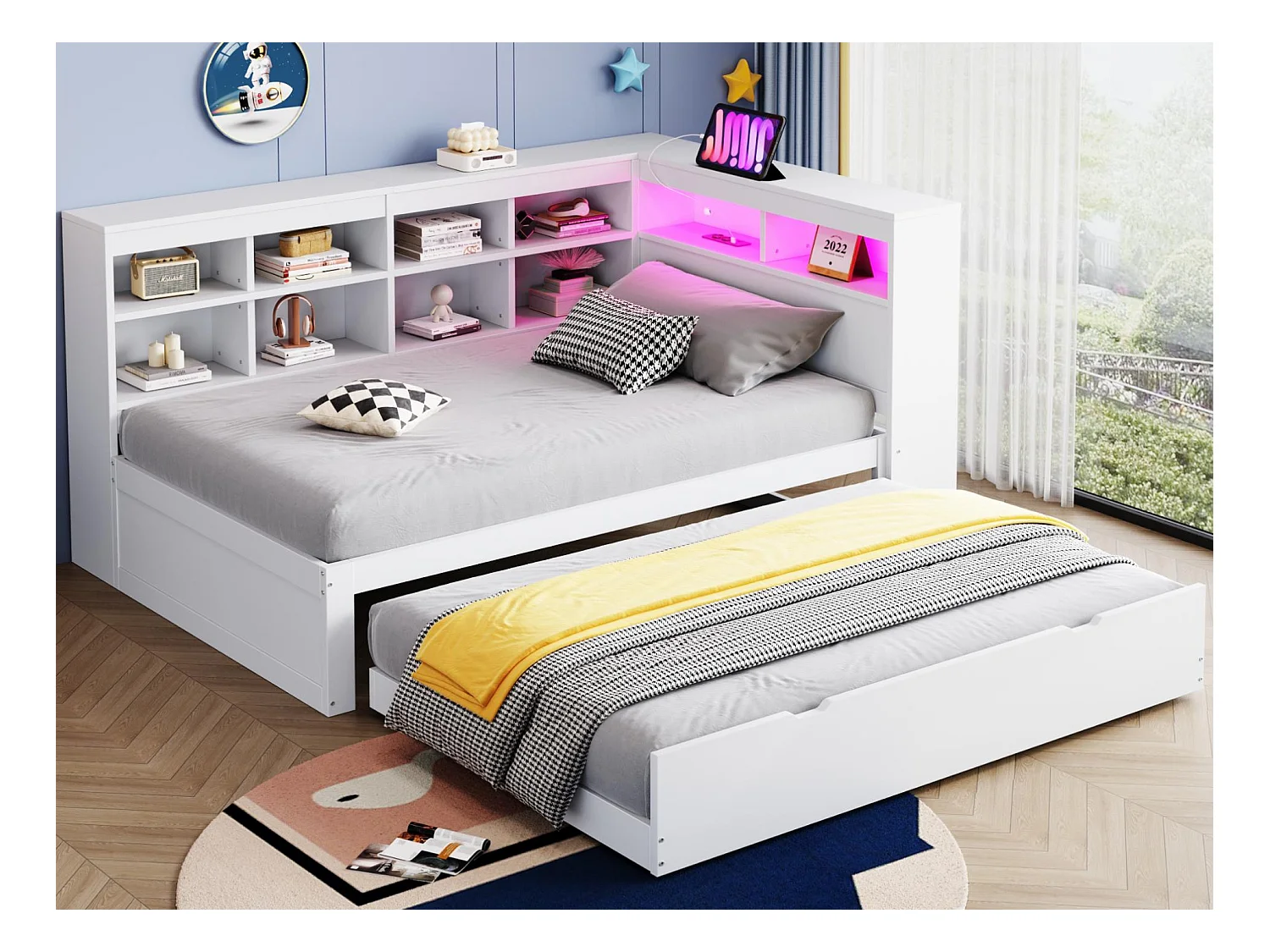 Canapé-lit en bois massif 90x200 cm - avec lit gigogne - avec prise USB + et éclairage LED - avec compartiment de rangement - blanc (sans matelas)