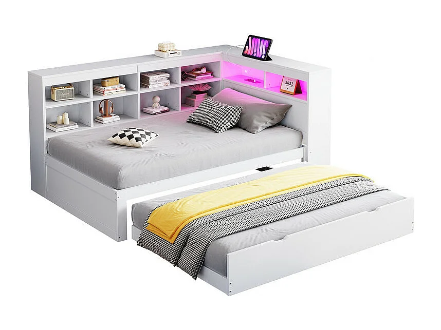 Canapé-lit en bois massif 90x200 cm - avec lit gigogne - avec prise USB + et éclairage LED - avec compartiment de rangement - blanc (sans matelas)