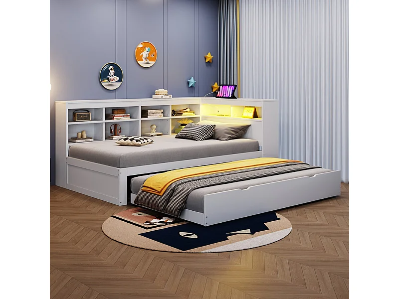 Canapé-lit en bois massif 90x200 cm - avec lit gigogne - avec prise USB + et éclairage LED - avec compartiment de rangement - blanc (sans matelas)