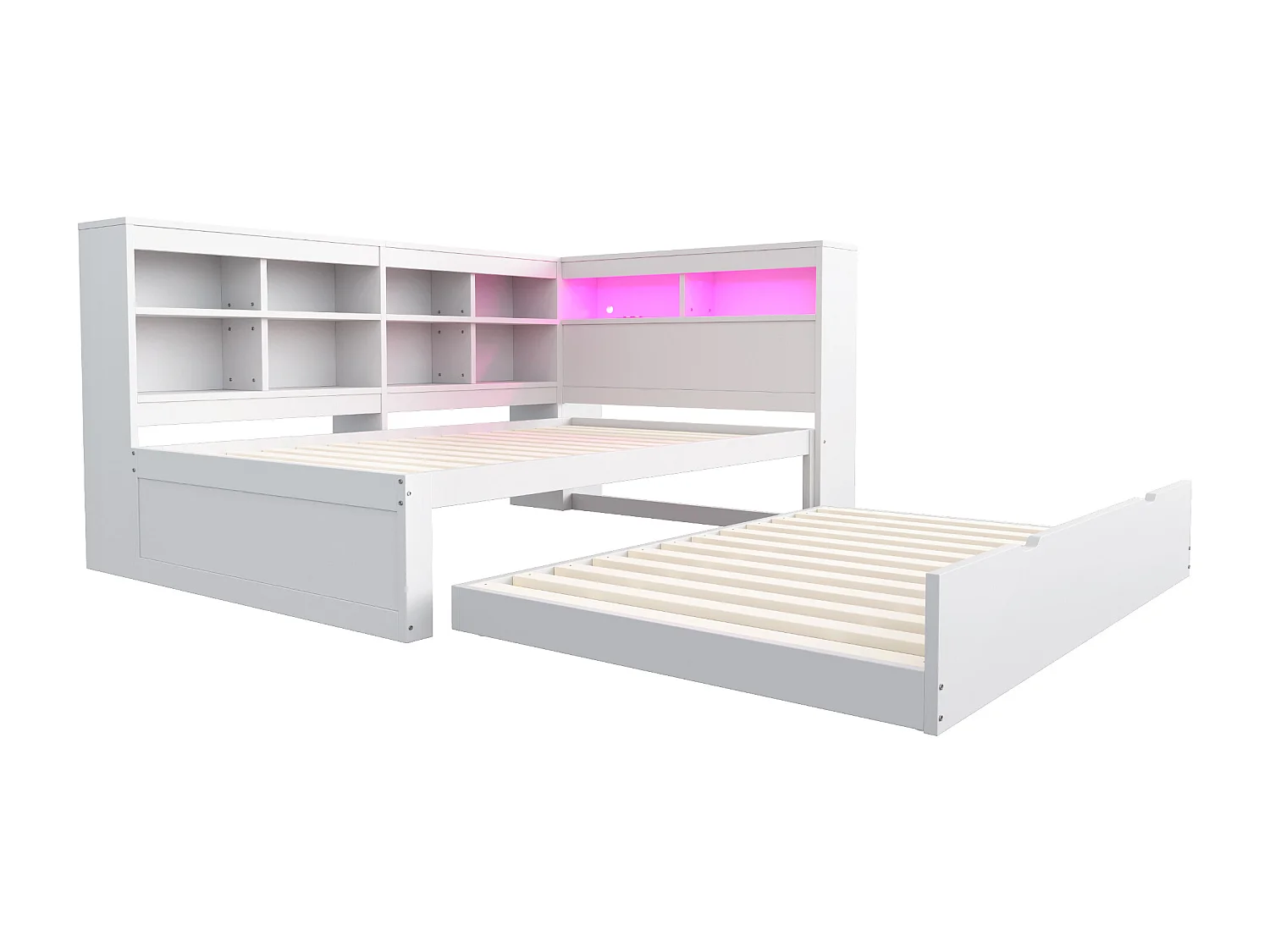 Canapé-lit en bois massif 90x200 cm - avec lit gigogne - avec prise USB + et éclairage LED - avec compartiment de rangement - blanc (sans matelas)