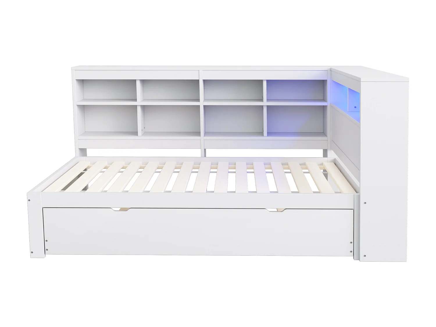 Canapé-lit en bois massif 90x200 cm - avec lit gigogne - avec prise USB + et éclairage LED - avec compartiment de rangement - blanc (sans matelas)