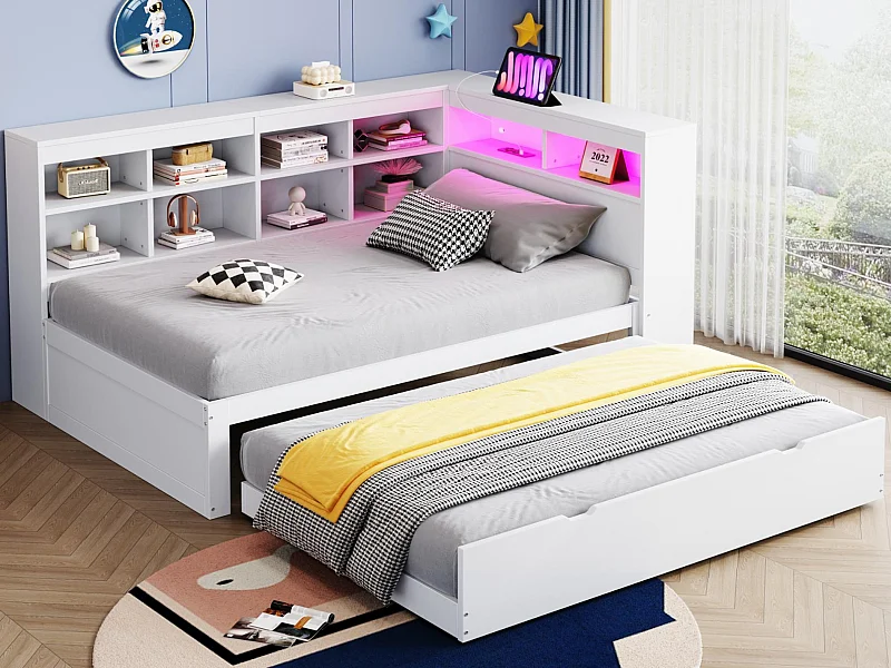 Canapé-lit en bois massif 90x200 cm - avec lit gigogne - avec prise USB + et éclairage LED - avec compartiment de rangement - blanc (sans matelas)