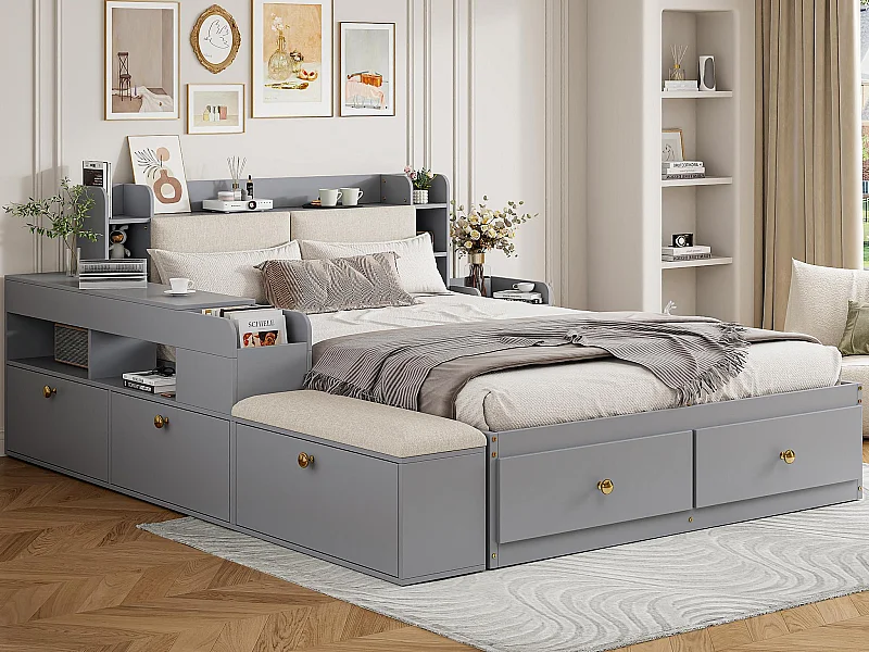 Doppelbett aus Massivholz 140×200 cm - mit Stauraum - mit 2 Schubladen - mit Nachttisch - mit Hocker - Grau (ohne Matratze)