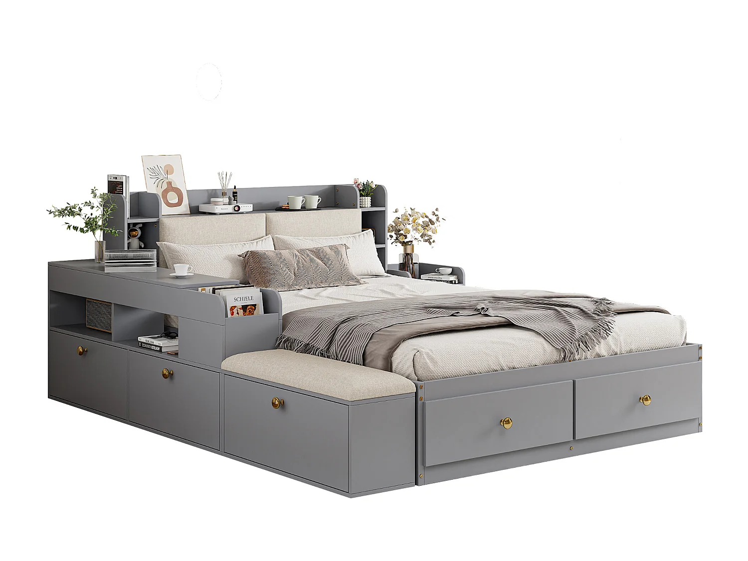 Dubbelbed van massief hout 140×200 cm - met opbergruimte - met 2 lades - met nachtkastje - met krukje - Grijs (zonder matras)