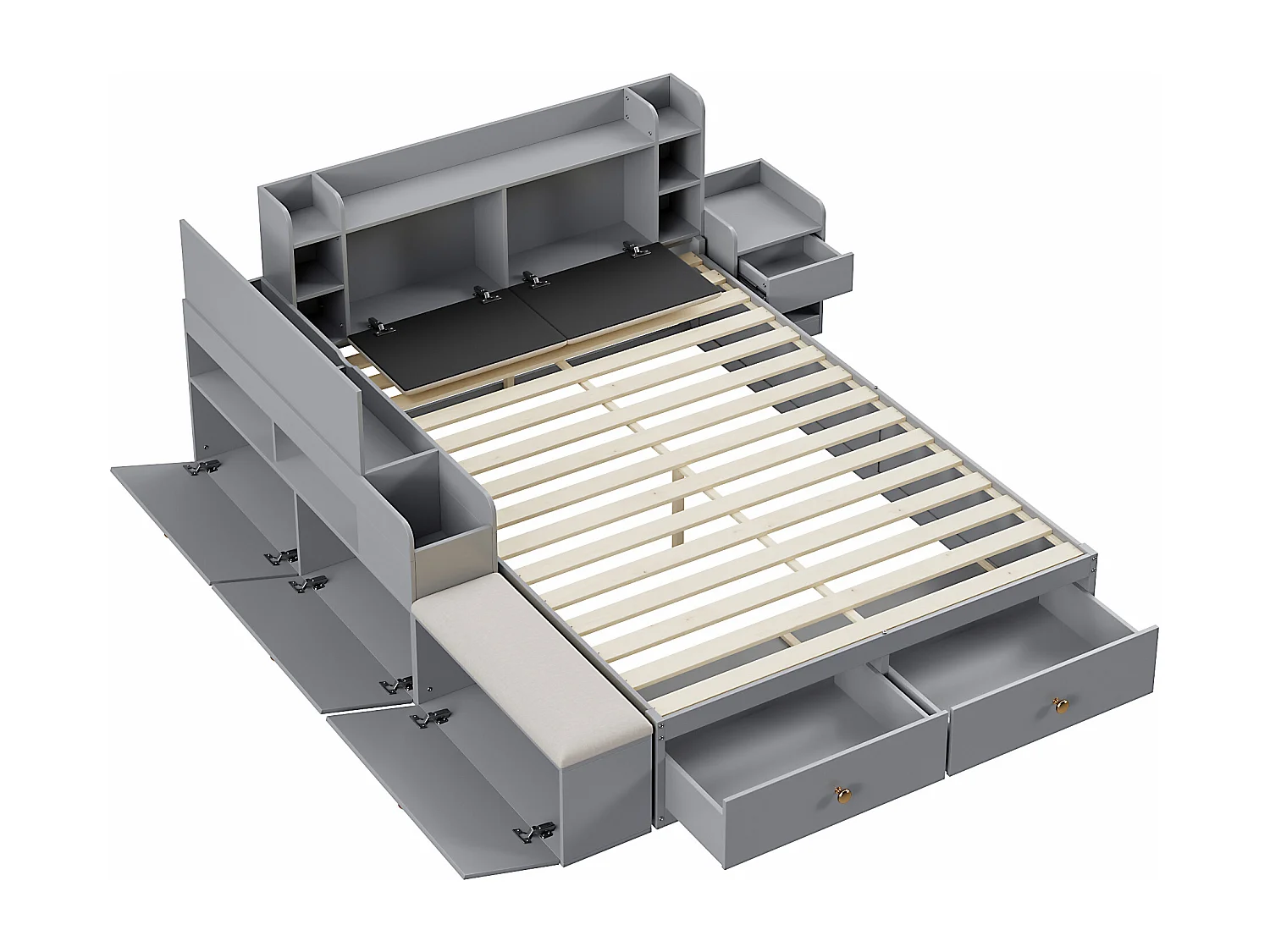 Dubbelbed van massief hout 140×200 cm - met opbergruimte - met 2 lades - met nachtkastje - met krukje - Grijs (zonder matras)