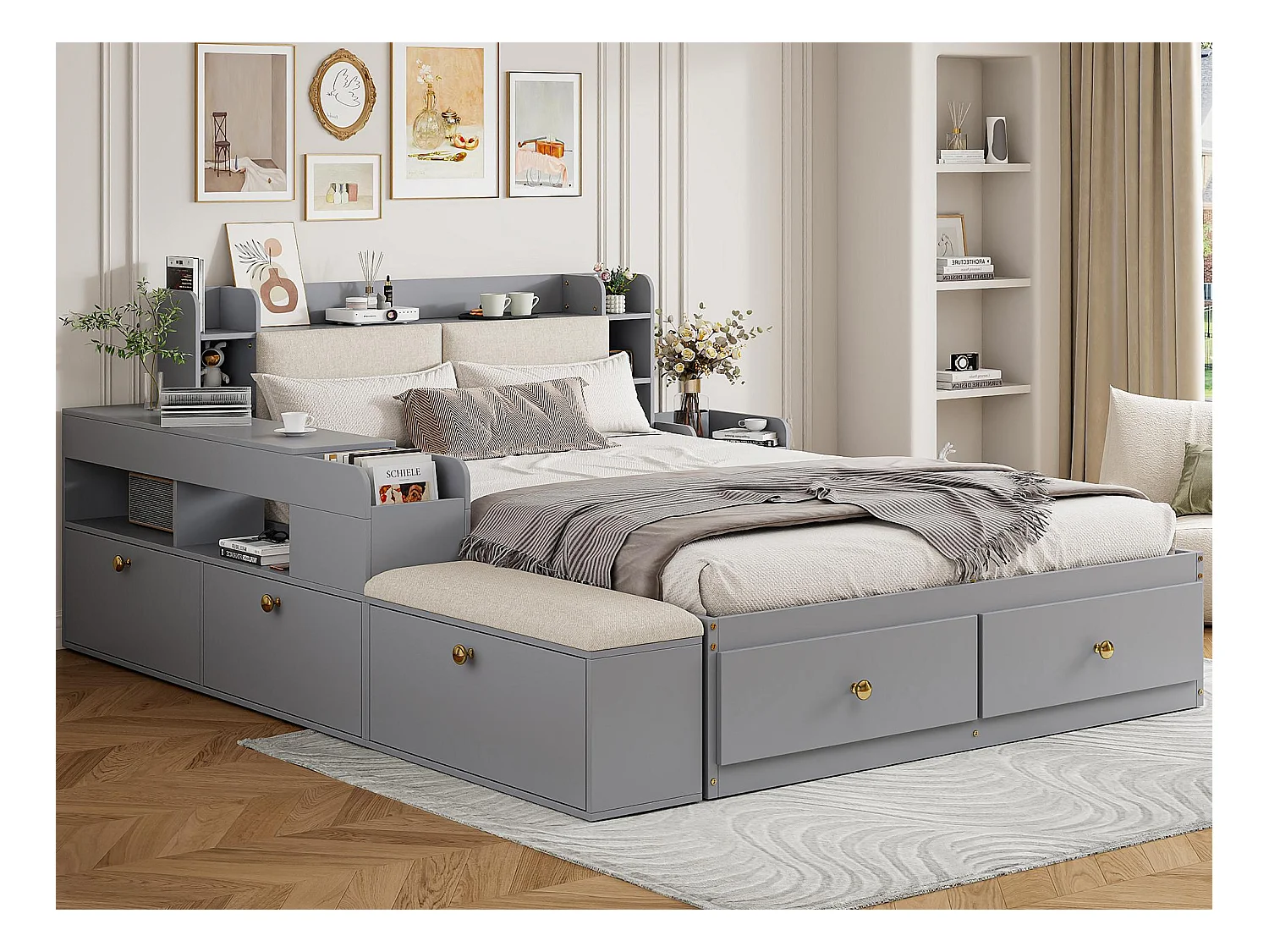 Lit double en bois massif 140x200cm - avec rangement - avec 2 tiroirs - avec table de chevet - avec tabouret - Gris (sans matelas)