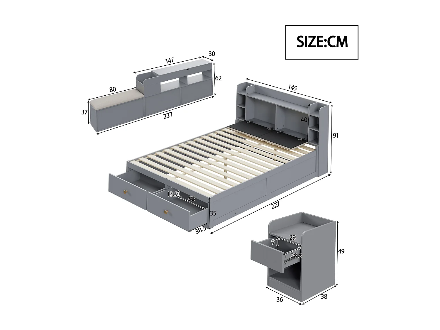 Lit double en bois massif 140x200cm - avec rangement - avec 2 tiroirs - avec table de chevet - avec tabouret - Gris (sans matelas)