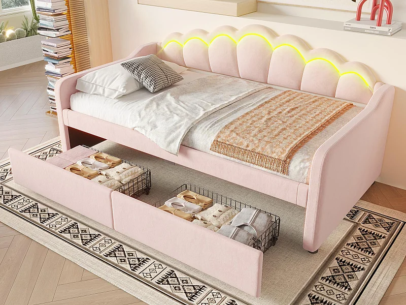 Canapé-lit 90x200 cm - avec éclairage LED - avec 2 tiroirs - velours - rose (sans matelas)