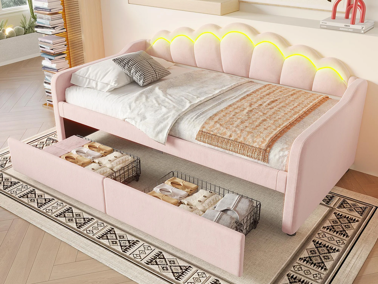 Divano letto 90x200 cm - con illuminazione LED - con 2 cassetti - velluto - rosa (senza materasso)