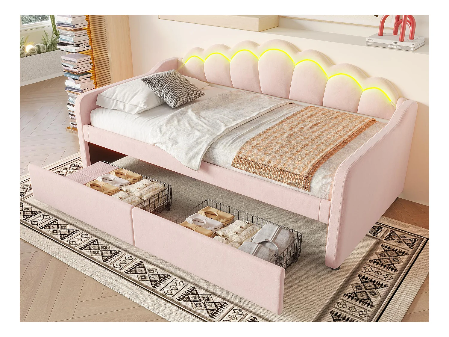 Canapé-lit 90x200 cm - avec éclairage LED - avec 2 tiroirs - velours - rose (sans matelas)