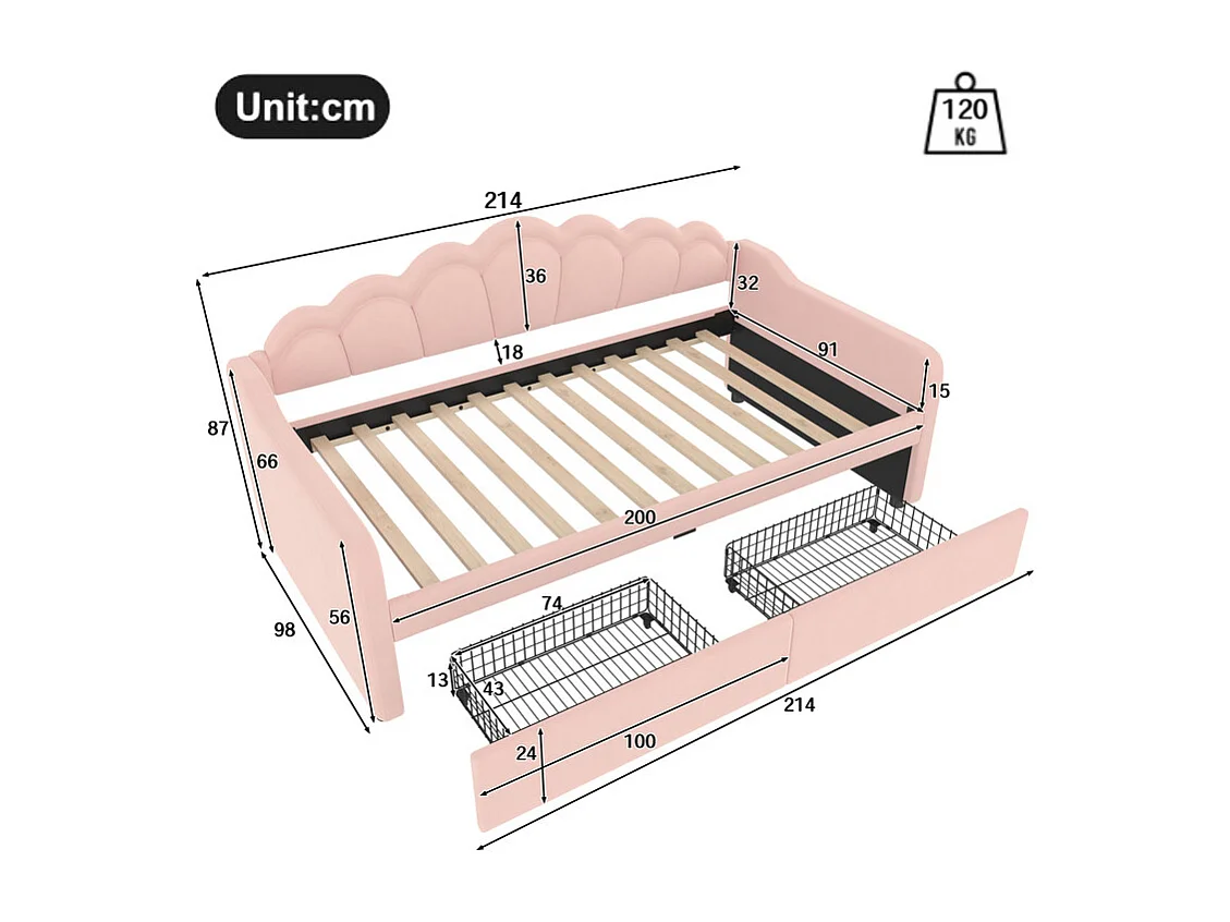 Canapé-lit 90x200 cm - avec éclairage LED - avec 2 tiroirs - velours - rose (sans matelas)