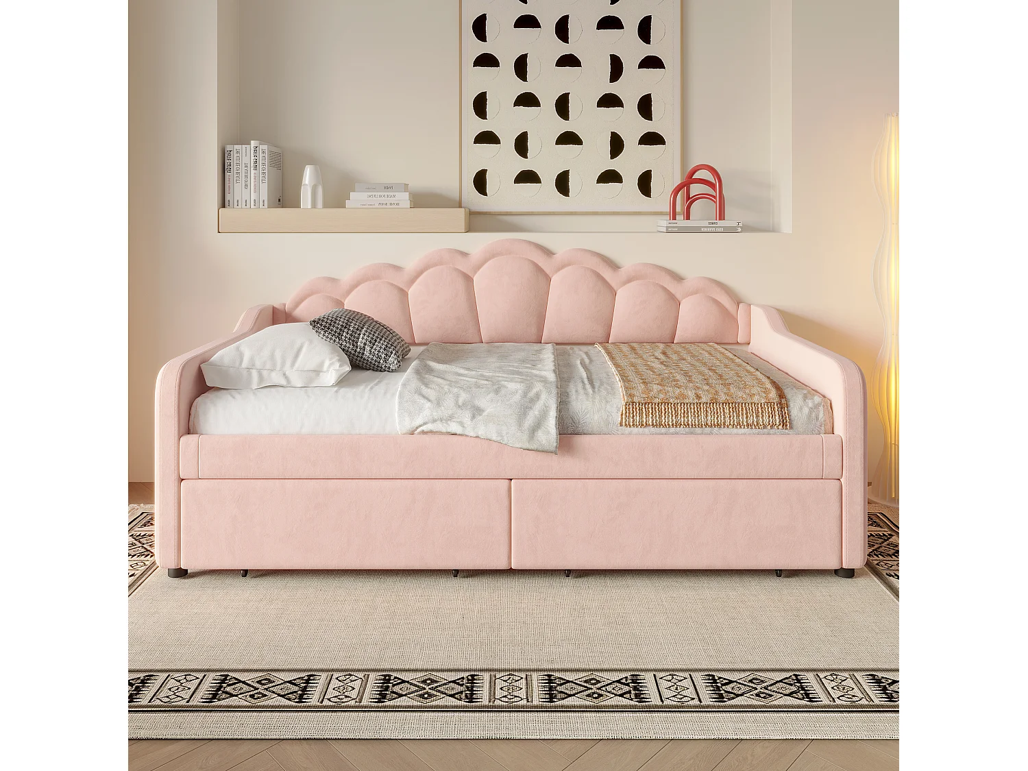 Canapé-lit 90x200 cm - avec éclairage LED - avec 2 tiroirs - velours - rose (sans matelas)