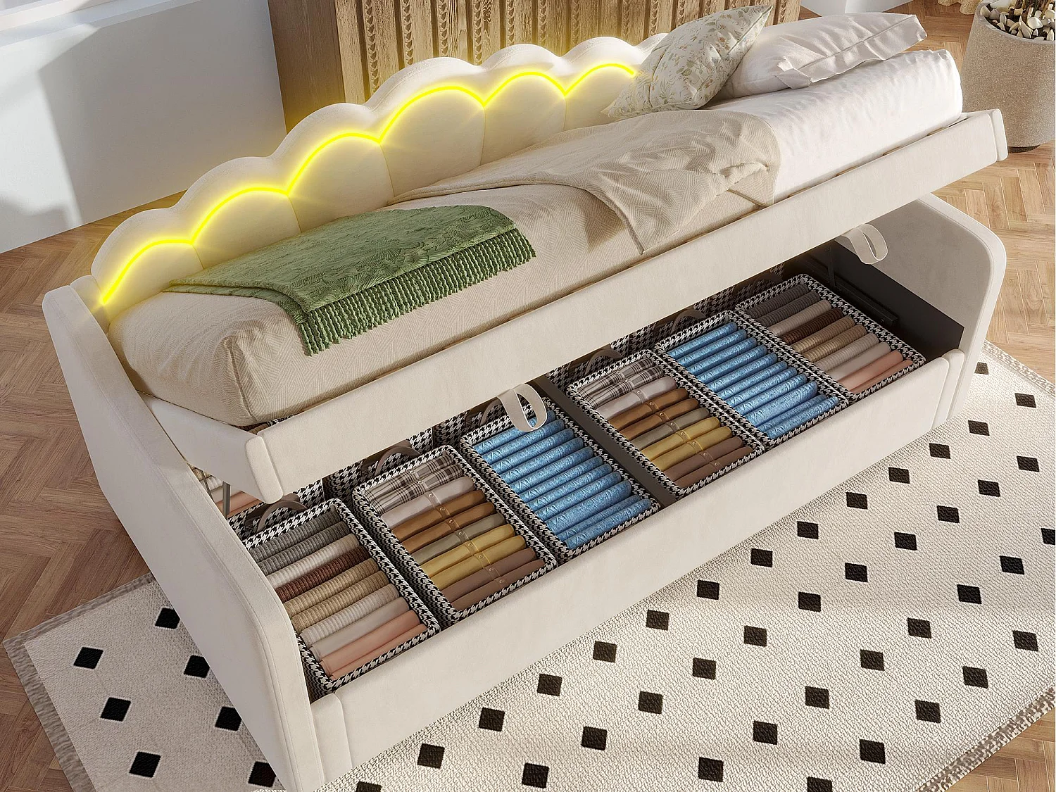 Slaapbank met opbergruimte 90x200 cm - Kleurveranderende LED-verlichting - Fluweel - Beige (zonder matras)