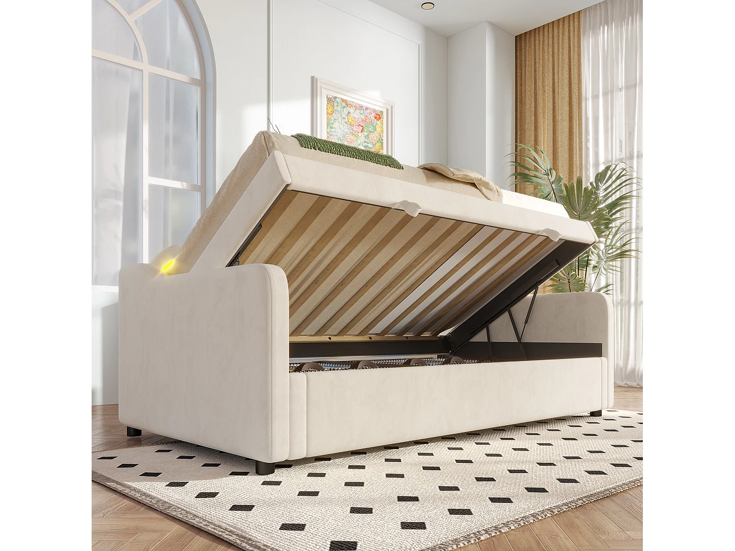 Slaapbank met opbergruimte 90x200 cm - Kleurveranderende LED-verlichting - Fluweel - Beige (zonder matras)