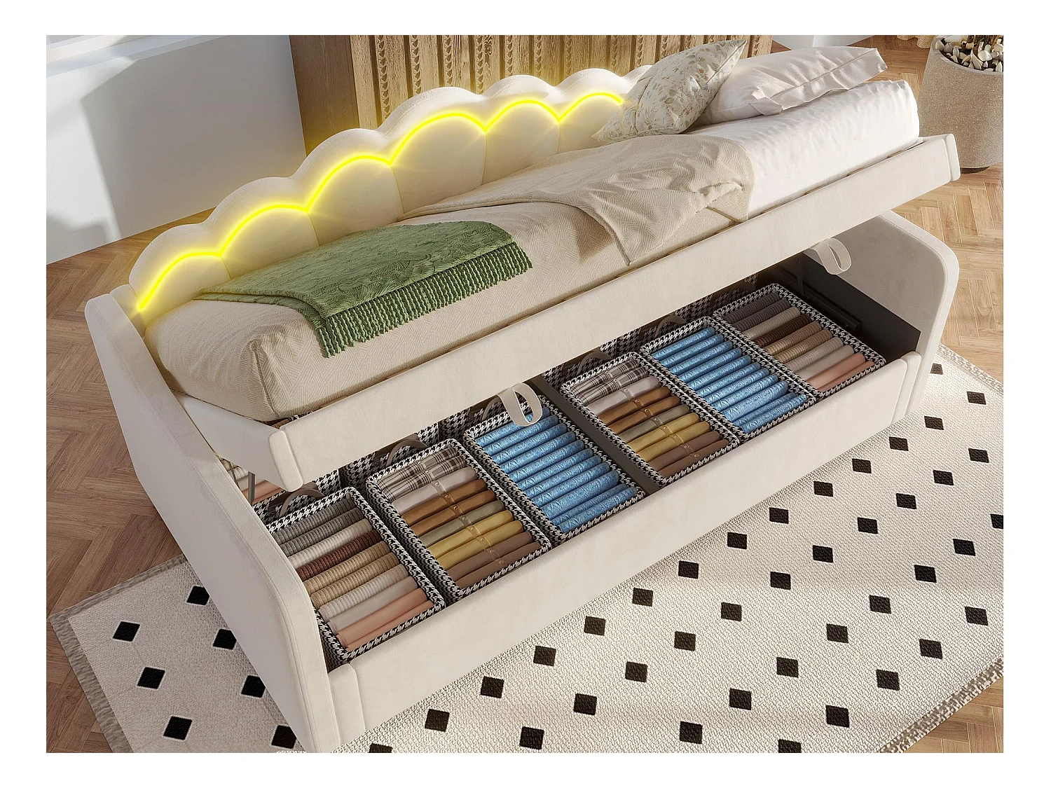 Canapé-lit coffre 90x200cm - Lumière LED changeante de couleur - Velours - Beige (sans matelas)