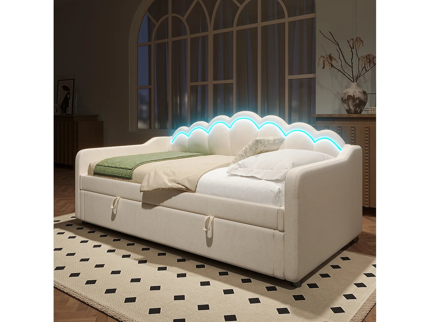 Canapé-lit coffre 90x200cm - Lumière LED changeante de couleur - Velours - Beige (sans matelas)