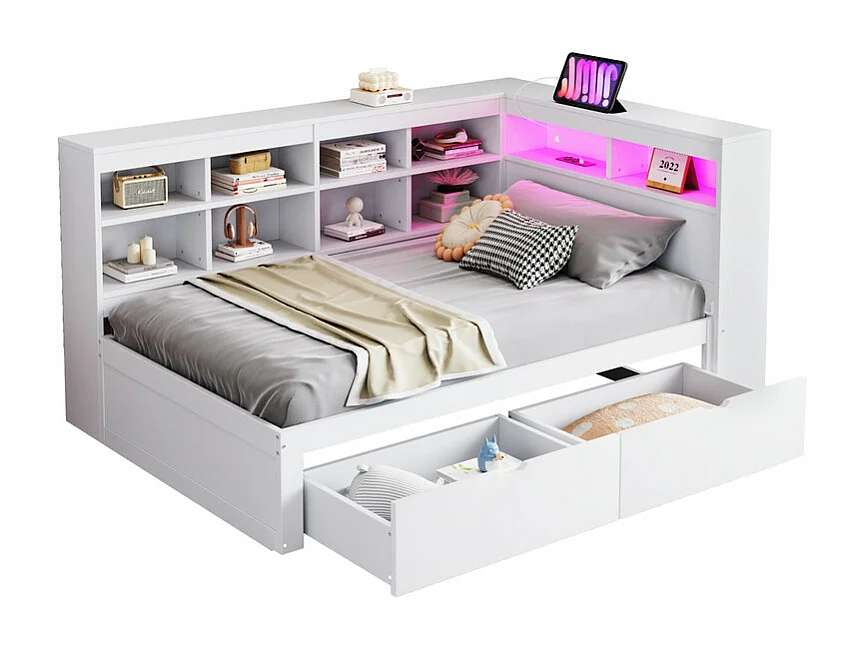 Sofá-cama em madeira maciça 90 x 200 cm - com compartimento de armazenamento - com USB - com iluminação LED + com tomada - branco (sem colchão)