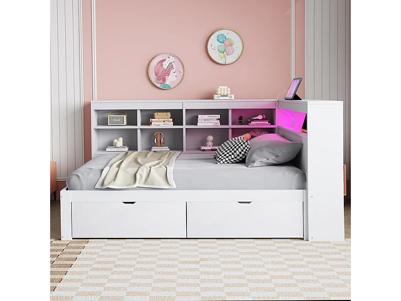 Sofá-cama em madeira maciça 90 x 200 cm - com compartimento de armazenamento - com USB - com iluminação LED + com tomada - branco (sem colchão)